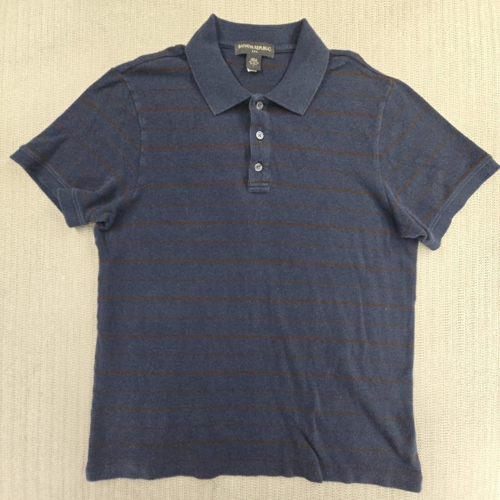 Banana Republic Polo Shirt Mens Large Blue Stripe 100% Cotton Short Sleeve